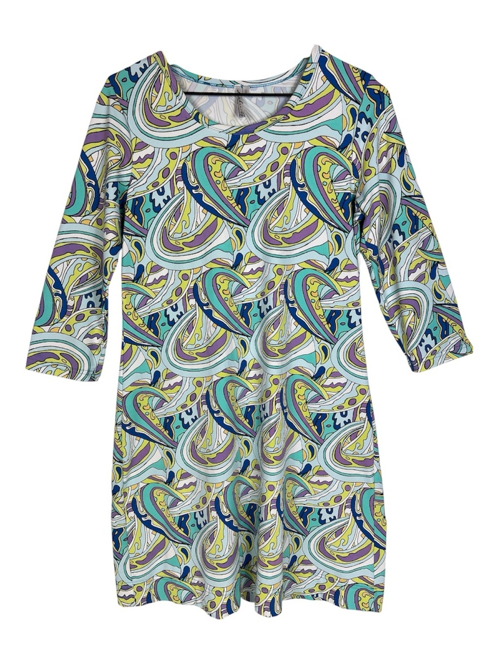 Lulu B Sz Small Dress Pull On Round Neck Abstract Print 3/4 Sleeves Blue/Yellow